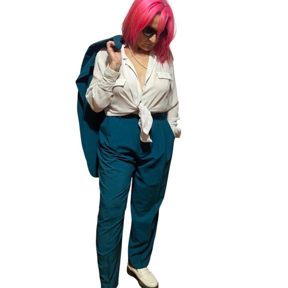 Vintage Oversized Blazer Co-ord Suit Matching Set Teal High Waist Pleated Pants - Picture 2 of 16
